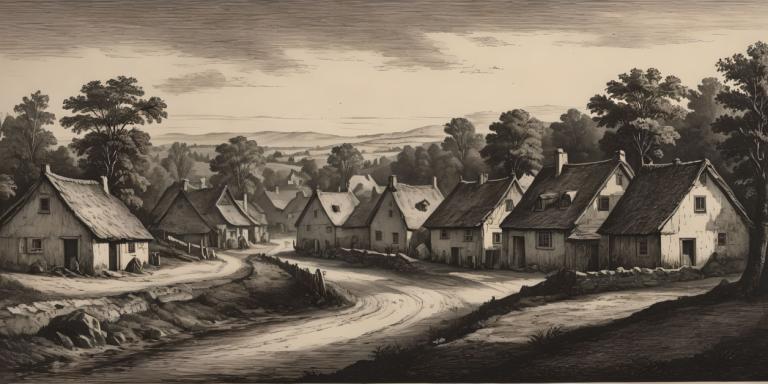 Copperplate Etching,Copperplate Etching, Village, village, no humans, tree, monochrome, house, scenery