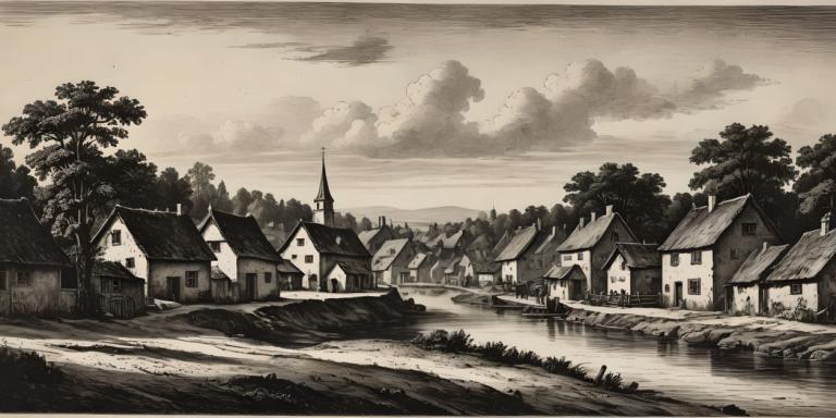 Copperplate Etching,Copperplate Etching, Village, village, no humans, monochrome, scenery, tree, cloud