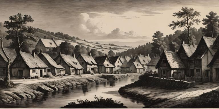 Copperplate Etching,Copperplate Etching, Village, village, no humans, monochrome, scenery, tree, outdoors