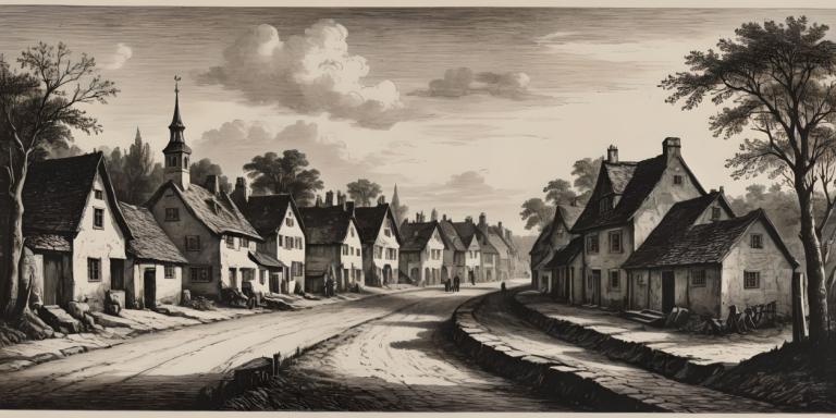 Copperplate Etching,Copperplate Etching, Village, village, no humans, tree, scenery, monochrome, cloud