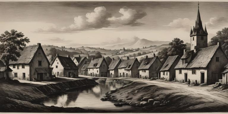 Copperplate Etching,Copperplate Etching, Village, village, monochrome, no humans, scenery, cloud, tree