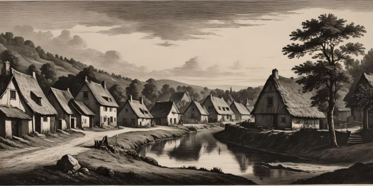 Copperplate Etching,Copperplate Etching, Village, village, no humans, monochrome, scenery, tree, outdoors