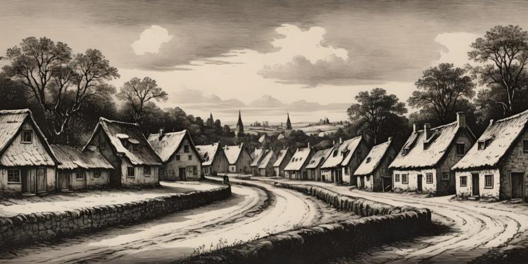 Copperplate Etching,Copperplate Etching, Village, village, no humans, tree, monochrome, outdoors, scenery