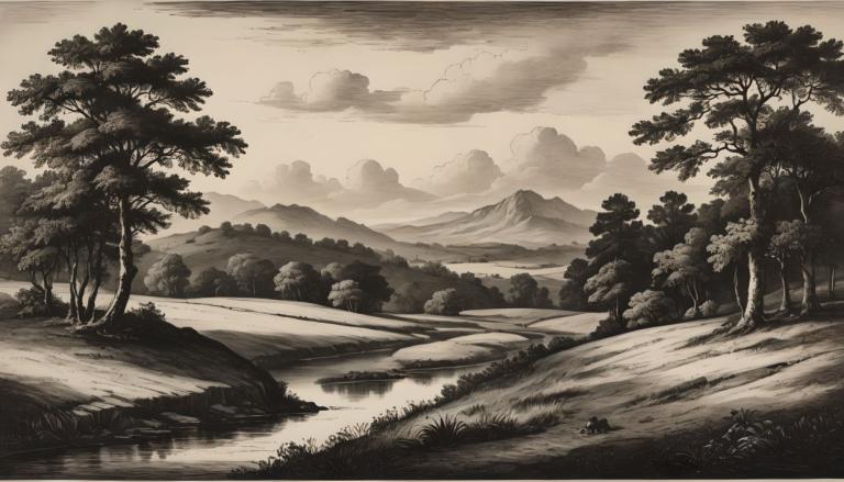 Kupferstich,Kupferstich, Natur, Landschaft, keine Menschen, einfarbig, Baum, Landschaft, draußen, Wolke