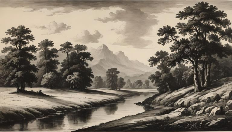 Kupferstich,Kupferstich, Natur, Landschaft, keine Menschen, Baum, einfarbig, Landschaft, draußen, Wolke