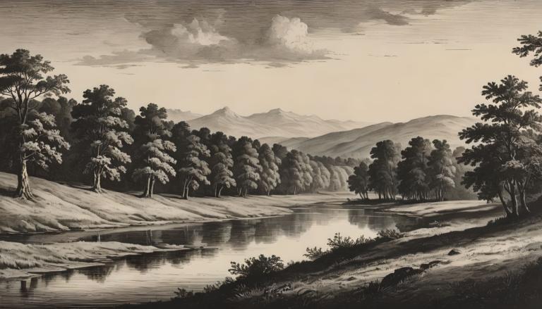 Copperplate Etching,Copperplate Etching, Nature, landscape, tree, monochrome, scenery, outdoors, no humans