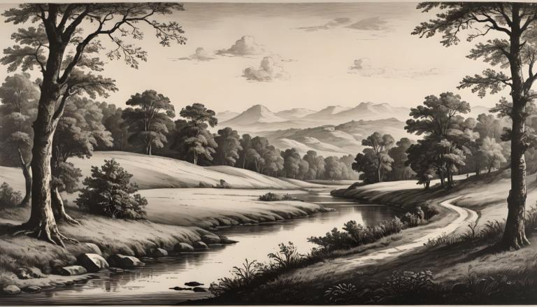 Copperplate Etching,Copperplate Etching, Nature, landscape, no humans, tree, monochrome, scenery, outdoors