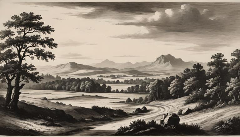 Kupferstich,Kupferstich, Natur, Landschaft, einfarbig, Baum, Landschaft, keine Menschen, draußen, Wolke