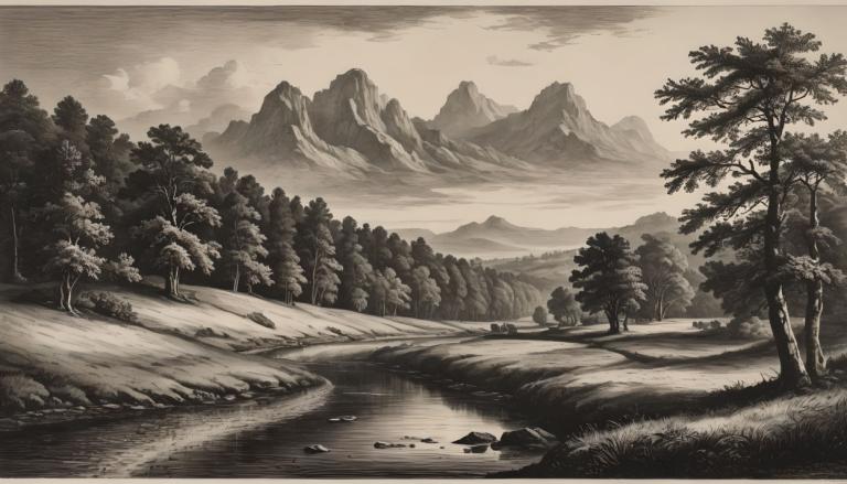 Kupferstich,Kupferstich, Natur, Landschaft, Baum, Landschaft, einfarbig, keine Menschen, draußen, Natur