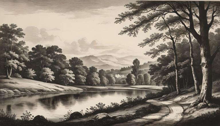 Copperplate Etching,Copperplate Etching, Nature, landscape, no humans, tree, scenery, monochrome, outdoors