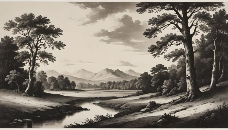 Kupferstich,Kupferstich, Natur, Landschaft, keine Menschen, Baum, Landschaft, draußen, einfarbig, Wolke