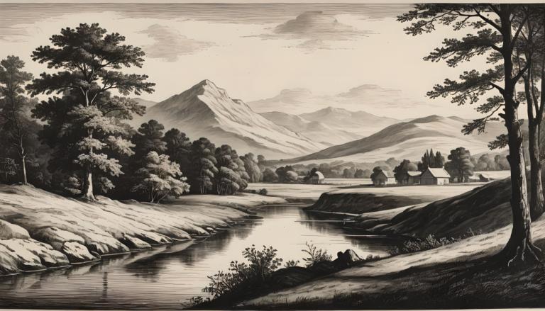 Copperplate Etching,Copperplate Etching, Nature, landscape, tree, monochrome, no humans, scenery, outdoors