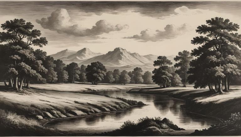 Copperplate Etching,Copperplate Etching, Nature, landscape, no humans, monochrome, scenery, tree, outdoors