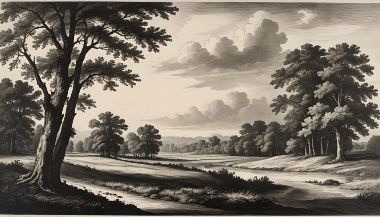 Copperplate Etching,Copperplate Etching, Nature, landscape, no humans, tree, scenery, monochrome, outdoors