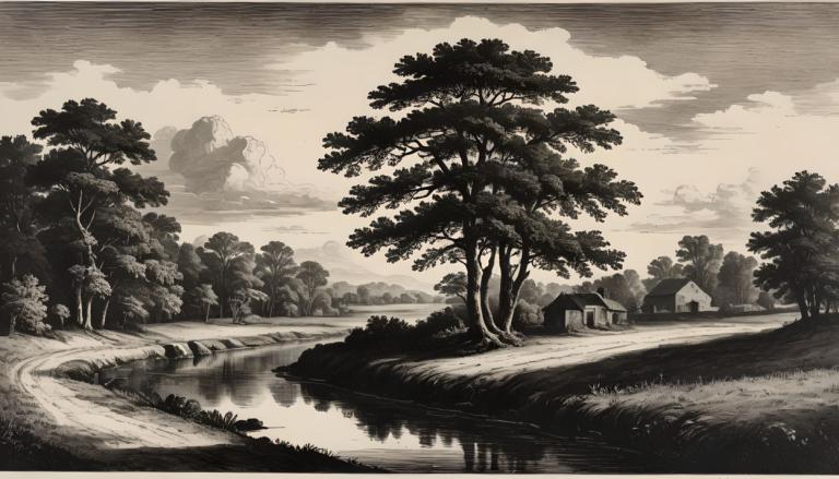 Copperplate Etching,Copperplate Etching, Nature, landscape, tree, no humans, monochrome, scenery, outdoors