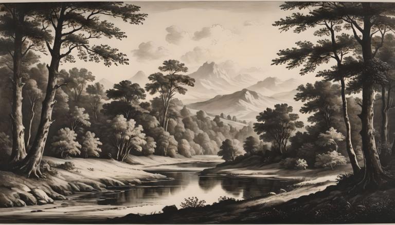 Copperplate Etching,Copperplate Etching, Nature, landscape, no humans, scenery, tree, monochrome, nature