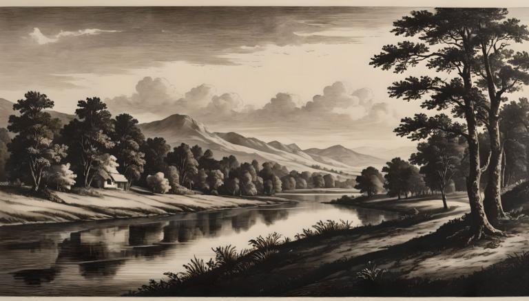 Copperplate Etching,Copperplate Etching, Nature, landscape, no humans, tree, scenery, monochrome, outdoors