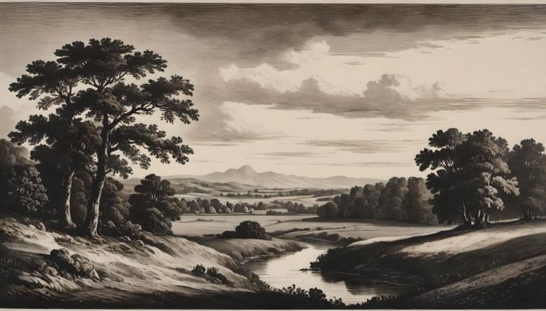 Kupferstich,Kupferstich, Natur, Landschaft, Baum, keine Menschen, einfarbig, Landschaft, draußen, Wolke