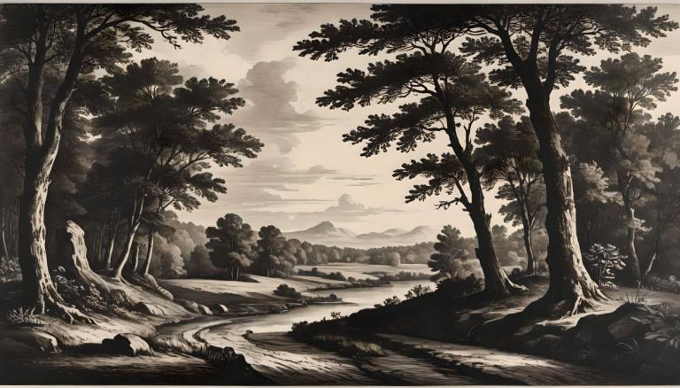 Copperplate Etching,Copperplate Etching, Nature, landscape, no humans, tree, scenery, outdoors, monochrome