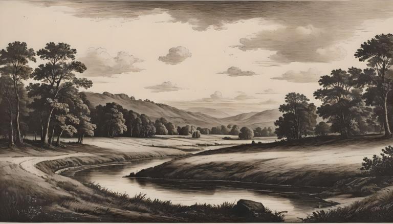 Copperplate Etching,Copperplate Etching, Nature, landscape, no humans, tree, monochrome, outdoors, scenery