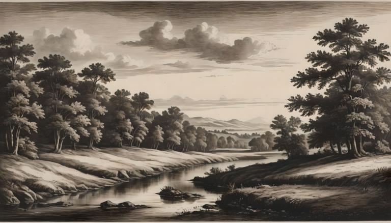 Copperplate Etching,Copperplate Etching, Nature, landscape, no humans, scenery, tree, monochrome, cloud