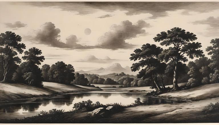 Copperplate Etching,Copperplate Etching, Nature, landscape, tree, no humans, monochrome, cloud, scenery