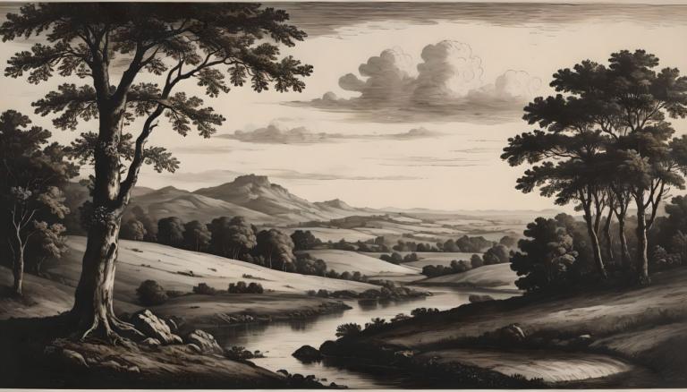 Copperplate Etching,Copperplate Etching, Nature, landscape, no humans, tree, scenery, monochrome, cloud