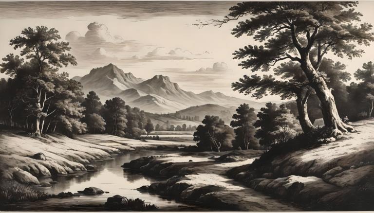 Kupferstich,Kupferstich, Natur, Landschaft, keine Menschen, Baum, Landschaft, draußen, Wolke, einfarbig