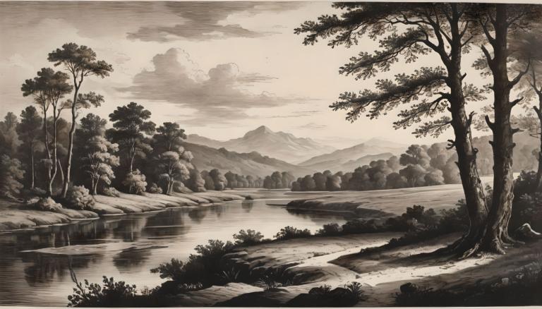 Copperplate Etching,Copperplate Etching, Nature, landscape, no humans, tree, scenery, cloud, outdoors