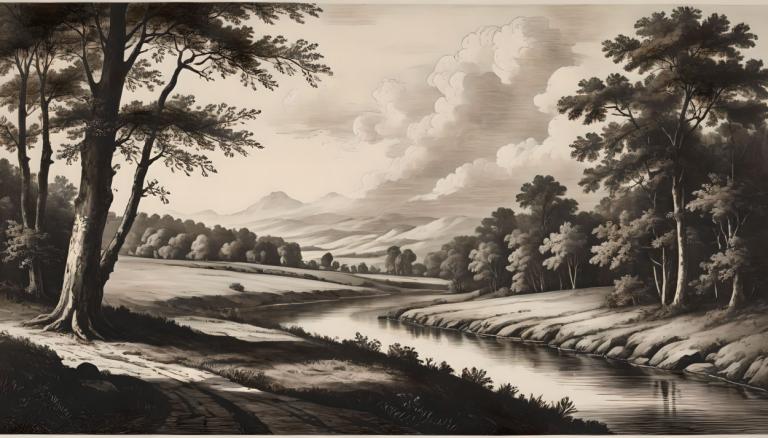 Kupferstich,Kupferstich, Natur, Landschaft, keine Menschen, Baum, Landschaft, Wolke, einfarbig, draußen