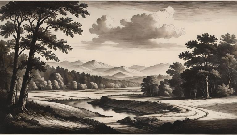 Kupferstich,Kupferstich, Natur, Landschaft, keine Menschen, Baum, Landschaft, draußen, einfarbig, Wolke