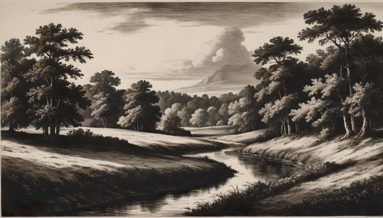 Copperplate Etching,Copperplate Etching, Nature, landscape, no humans, tree, monochrome, scenery, outdoors