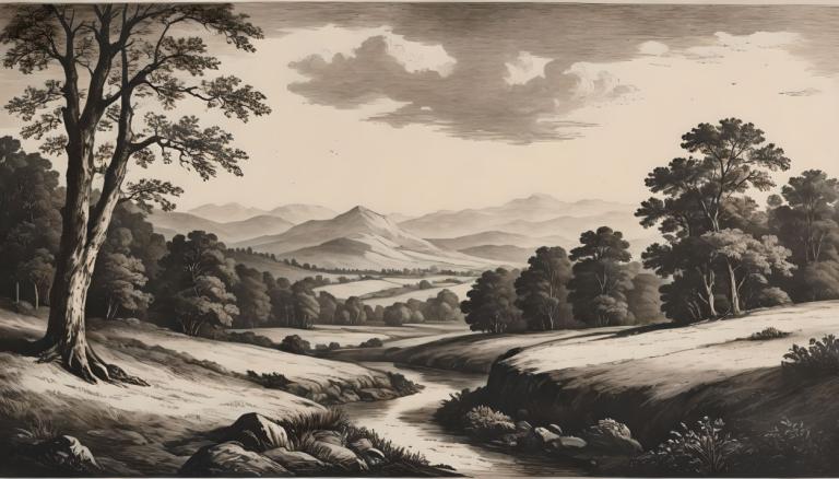 Copperplate Etching,Copperplate Etching, Nature, landscape, no humans, tree, scenery, outdoors, cloud