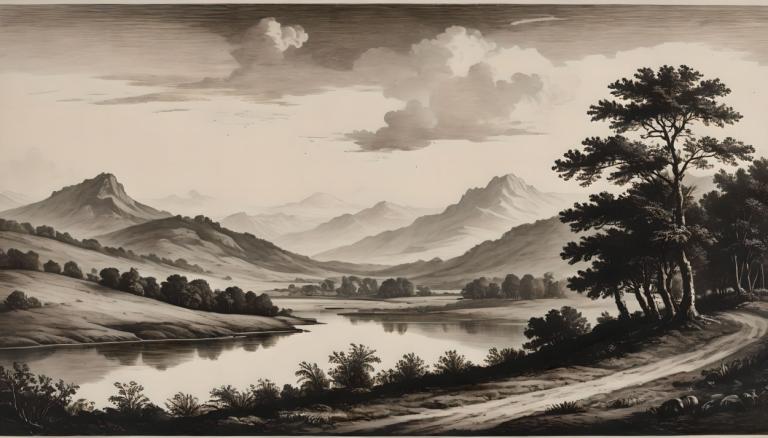 Copperplate Etching,Copperplate Etching, Nature, landscape, no humans, tree, monochrome, scenery, cloud