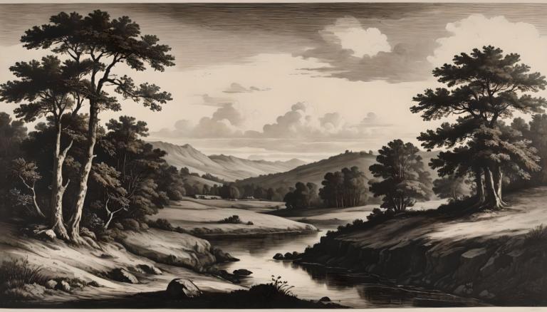 Copperplate Etching,Copperplate Etching, Nature, landscape, no humans, tree, scenery, monochrome, outdoors