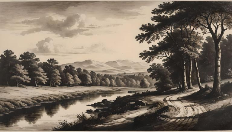 Kupferstich,Kupferstich, Natur, Landschaft, keine Menschen, Baum, Landschaft, einfarbig, draußen, Wolke