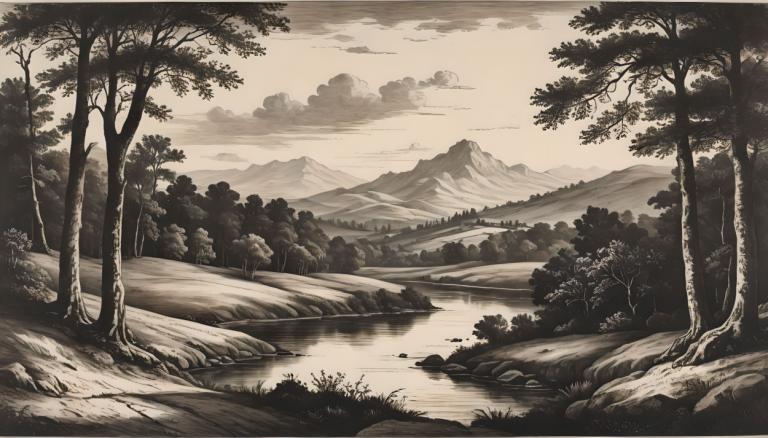 Kupferstich,Kupferstich, Natur, Landschaft, keine Menschen, Landschaft, Baum, einfarbig, draußen, Wolke