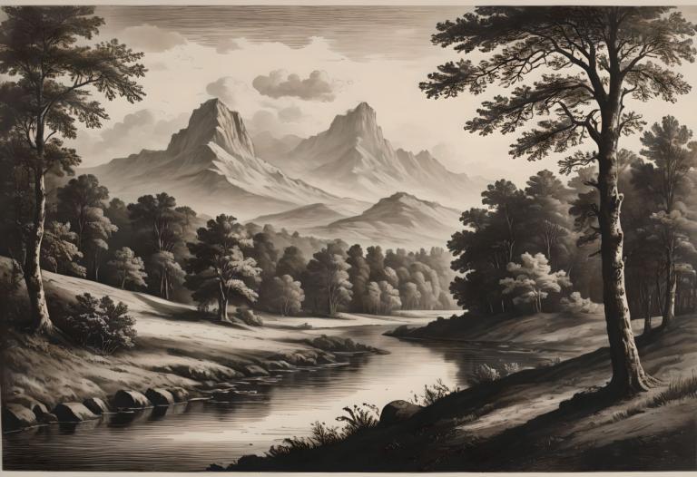 Kupferstich,Kupferstich, Natur, Landschaft, keine Menschen, Baum, Landschaft, einfarbig, draußen, Natur