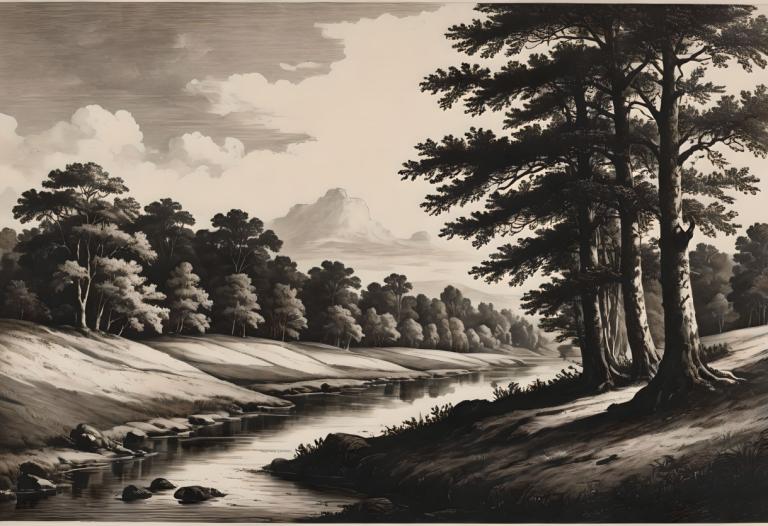 Copperplate Etching,Copperplate Etching, Nature, landscape, no humans, tree, scenery, monochrome, outdoors