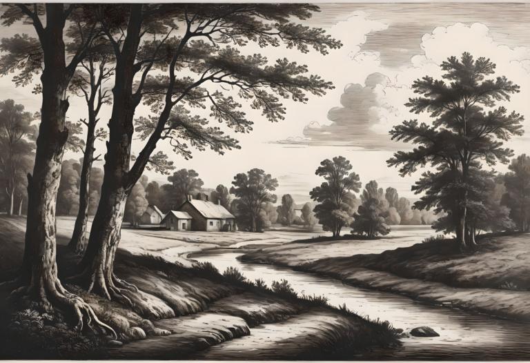 Copperplate Etching,Copperplate Etching, Nature, landscape, no humans, tree, scenery, monochrome, outdoors