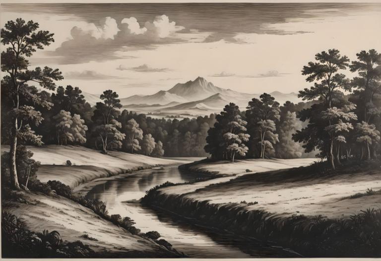 Kupferstich,Kupferstich, Natur, Landschaft, keine Menschen, Baum, Landschaft, einfarbig, draußen, Wolke