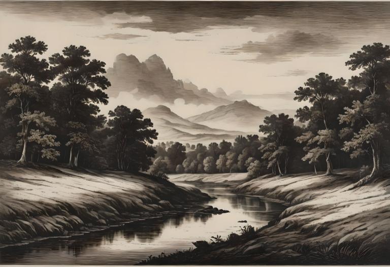 Copperplate Etching,Copperplate Etching, Nature, landscape, no humans, tree, scenery, monochrome, nature