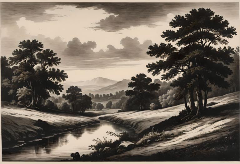 Copperplate Etching,Copperplate Etching, Nature, landscape, no humans, tree, scenery, monochrome, outdoors