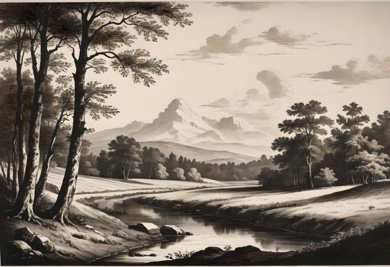 Copperplate Etching,Copperplate Etching, Nature, landscape, no humans, tree, scenery, outdoors, monochrome