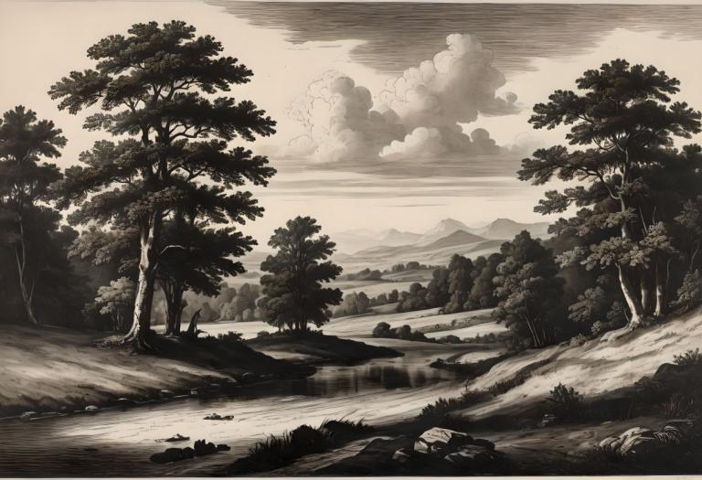 Copperplate Etching,Copperplate Etching, Nature, landscape, tree, no humans, scenery, monochrome, cloud