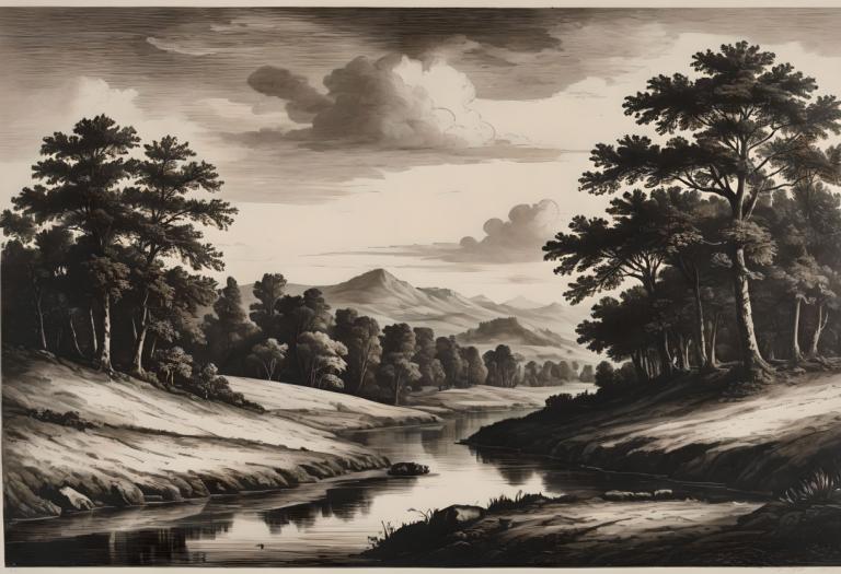 Copperplate Etching,Copperplate Etching, Nature, landscape, no humans, tree, scenery, monochrome, cloud