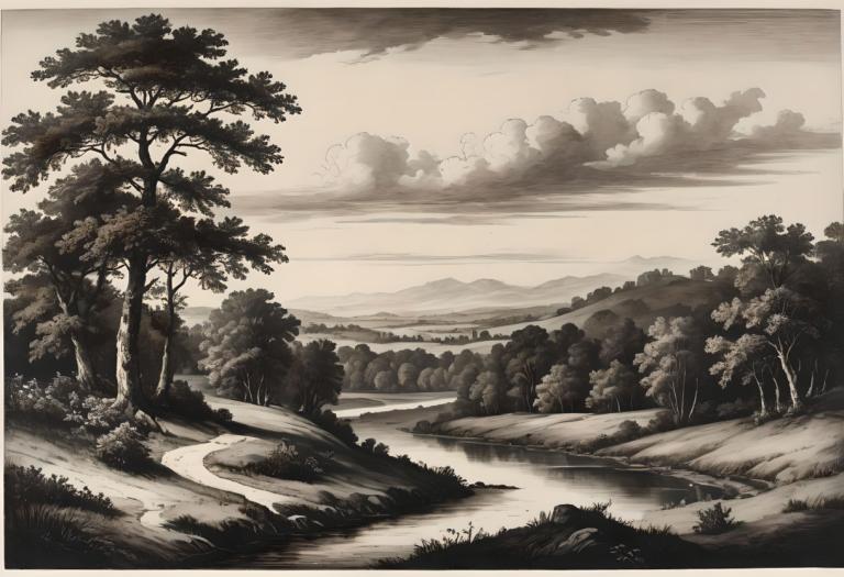 Copperplate Etching,Copperplate Etching, Nature, landscape, no humans, tree, scenery, monochrome, cloud