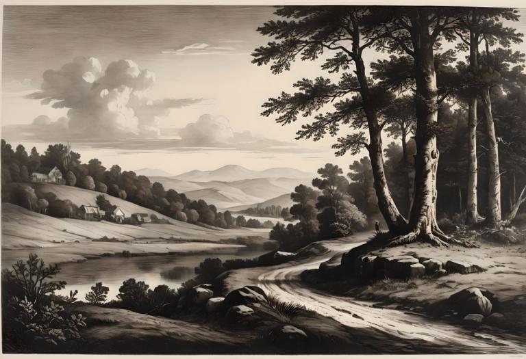 Copperplate Etching,Copperplate Etching, Nature, landscape, no humans, scenery, tree, monochrome, outdoors