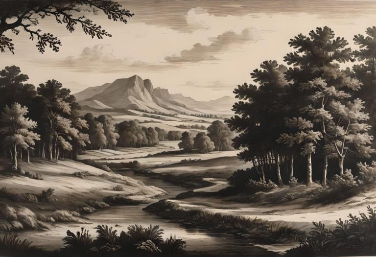 Gravure sur cuivre,Gravure sur cuivre, Nature, paysage, pas d'humains, paysage, arbre, en plein air