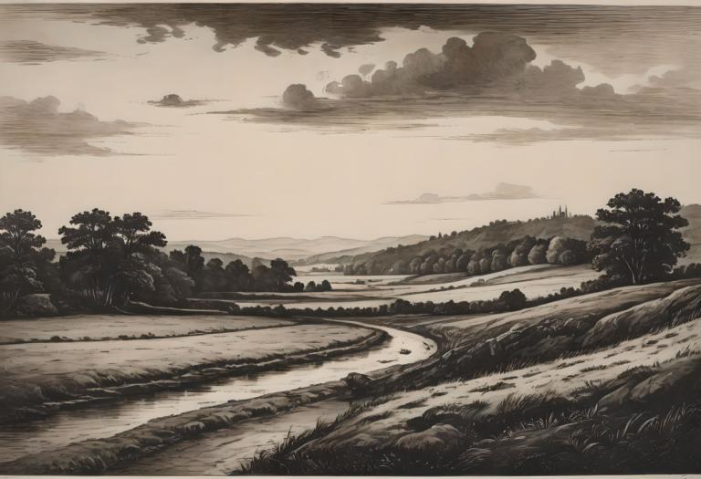 Copperplate Etching,Copperplate Etching, Nature, landscape, no humans, outdoors, monochrome, scenery, cloud